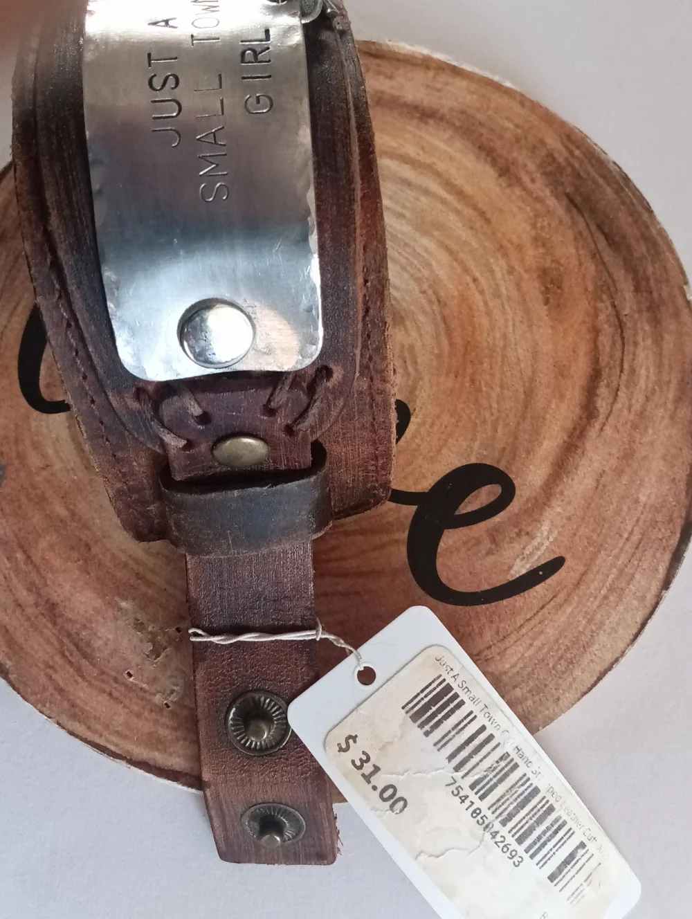 Brown Leather Cuff Bracelet Snaps Cross Silver Plate Just A Small Town Girl NWT